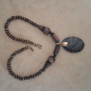 Tiger Eye Pendant With Wooden Beads Necklace